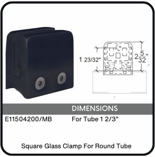 E11504200/MB Nero Black Flat Square Glass Clamp for 1 2/3" Round Tube, Data Sheet