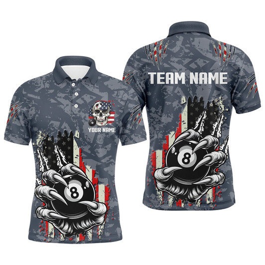 Personalized Funny Claw Tearing US Flag 8 Ball Pool Billiard Polo Shirt - Custom Name & Team Name