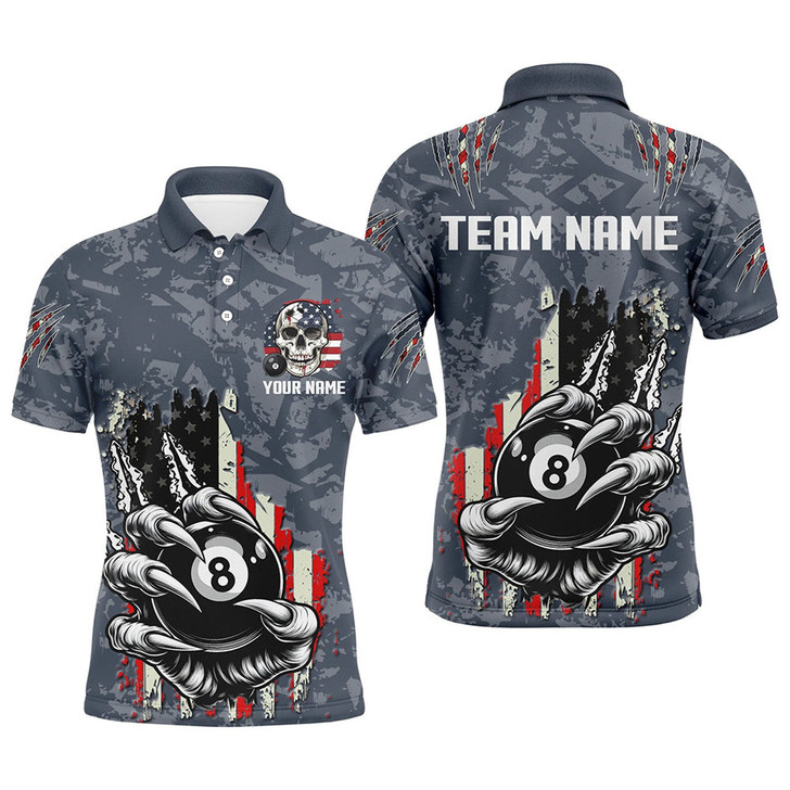 Personalized Funny Claw Tearing US Flag 8 Ball Pool Billiard Polo Shirt - Custom Name & Team Name