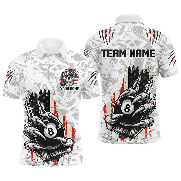 Personalized Funny Claw Tearing US Flag 8 Ball Pool Billiard Polo Shirt - Custom Name & Team Name