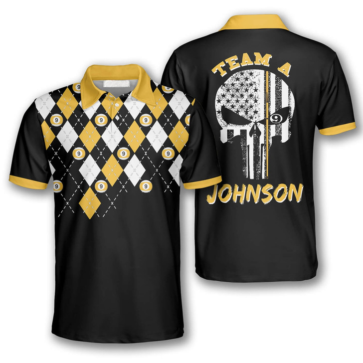 Personalized 9 Ball Skull Argyle Pattern Billiard Polo Shirt - Custom Name & Team Name