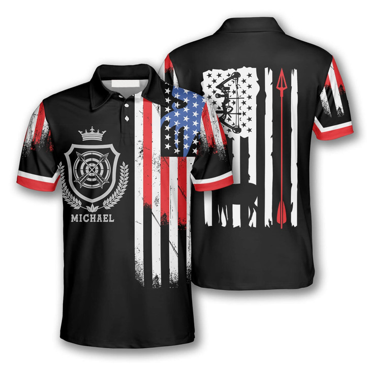Personalized Archery Crown Emblem American Flag Polo Shirt - Custom Name