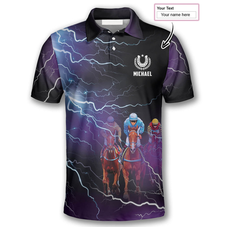 Personalized Horse Racing Thunder Lightning Equestrian Polo Shirt - Custom Name
