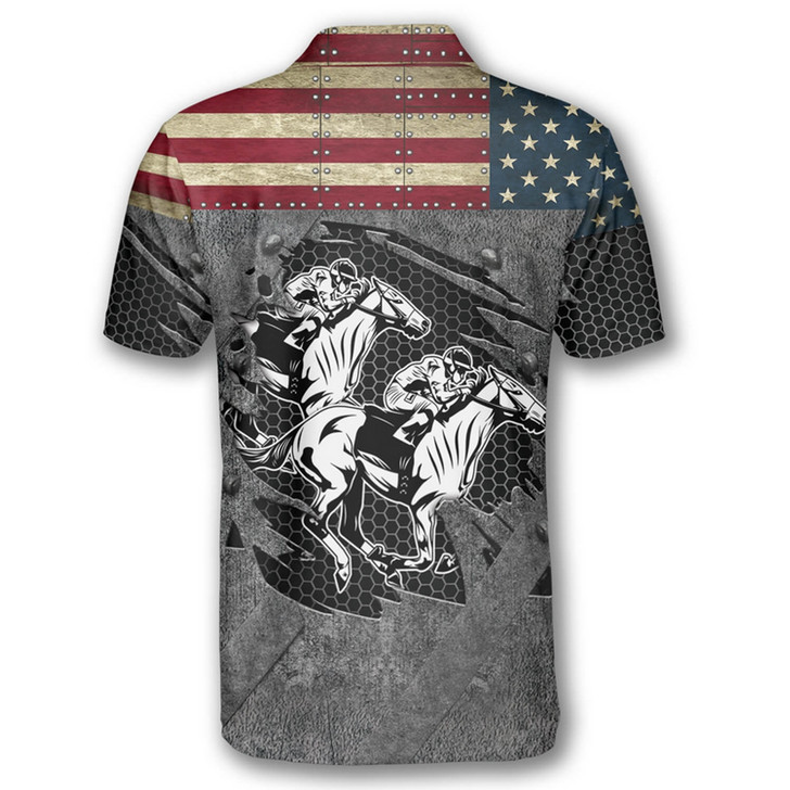Personalized Horse Racing Retro American Flag Equestrian Polo Shirt - Custom Name