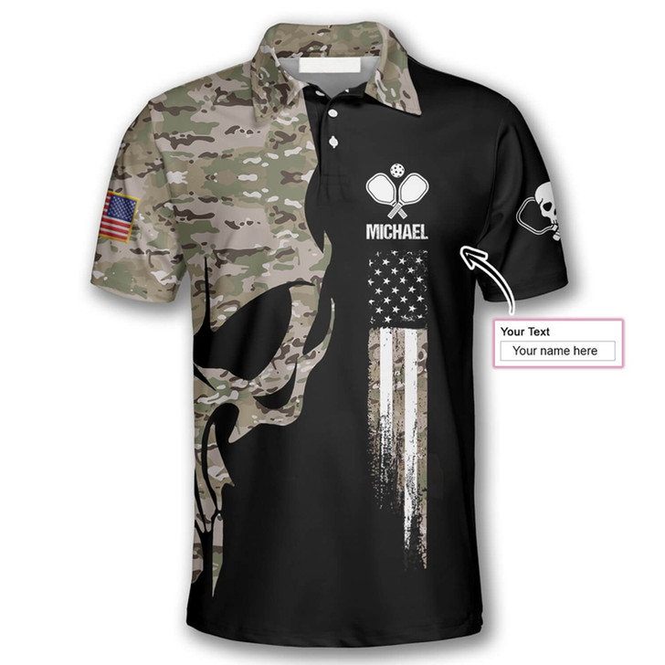 Personalized Skull Camouflage American Flag Pickleball Polo Shirt - Custom Name