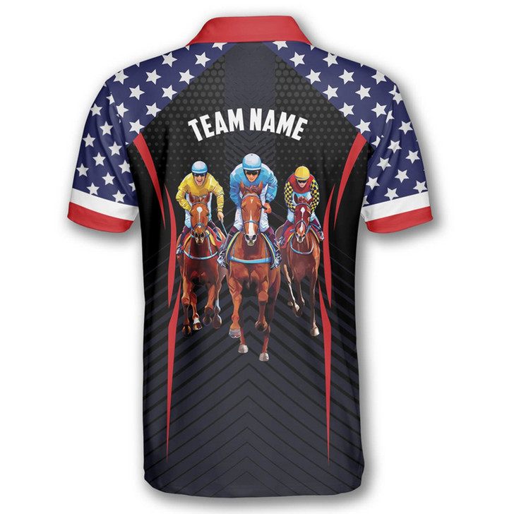 Personalized Horse Racing Patriotic Flag Equestrian Polo Shirt - Custom Name & Team Name