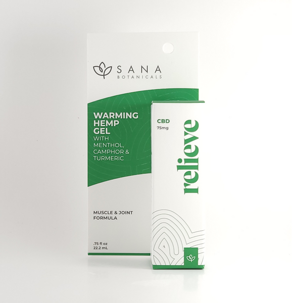 .75 oz. Sana Relieve Warming Hemp Gel, Trusted by clinicians, athletes and those with joint and muscle discomfort, Relieve uses the warming action of menthol in an aloe base with the power of turmeric and over 20 essential oils to deliver its strong long lasting effect.