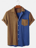 Mens Corduroy Designed Patchwork Chest Pocket Casual Shirt