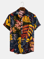 Mens Leaves Pattern Printed Short Sleeve Lapel Shirt