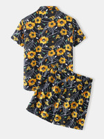 Mens Floral Print Casual Light Lapel Collar Drawstring Waist Suits