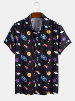 Mens Cartoon Space & Planet Print Light Casual Elastic Waist Two Pieces