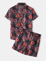 Mens Ethnic Paisley Print Casual Light Loose Lapel Collar Two Pieces Outfits