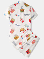 Men Funny Print Hamburger Loungewear Sets Two Pieces Lapel Collar Short Sleeve Thin Summer Pajamas