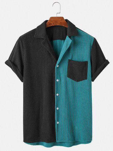 Mens Casual Corduroy Patchwork Lapel Collar Short Sleeve Shirts Mens Casual Corduroy Patchwork Lapel Collar Short Sleeve Shirts