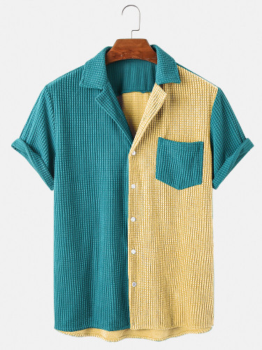 Mens Colorblock Patchwork Corduroy Fashion Lapel Collar Shirt