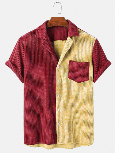 Mens Colorblock Patchwork Corduroy Fashion Lapel Collar Shirt