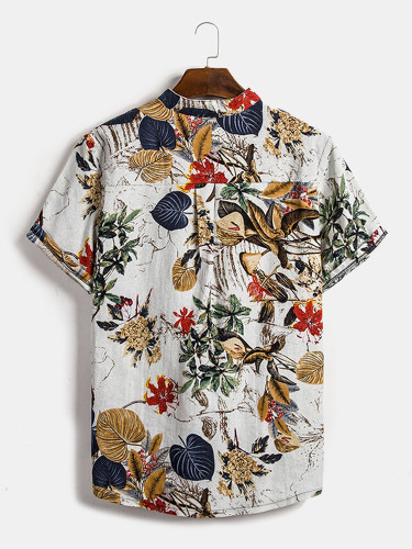Mens 65%Cotton Tropical Plants Print Short Sleeve Henley Shirt Mens 65%Cotton Tropical Plants Print Short Sleeve Henley Shirt