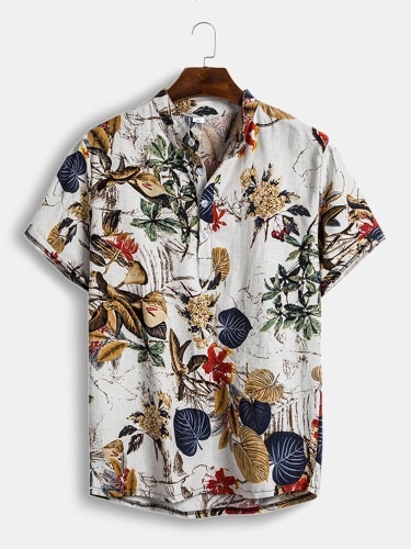 Mens 65%Cotton Tropical Plants Print Short Sleeve Henley Shirt Mens 65%Cotton Tropical Plants Print Short Sleeve Henley Shirt