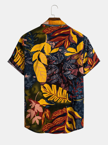 Mens Leaves Pattern Printed Short Sleeve Lapel Shirt Mens Leaves Pattern Printed Short Sleeve Lapel Shirt