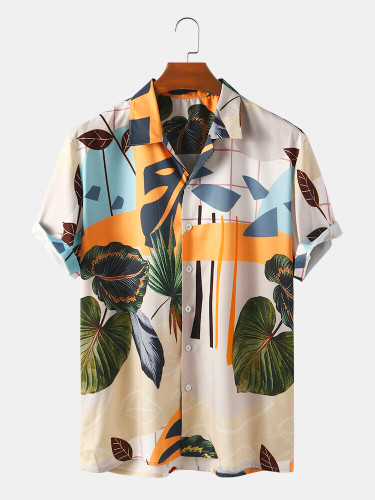 Men Abstract Leaf Print Beach Casual Lapel Shirt Men Abstract Leaf Print Beach Casual Lapel Shirt