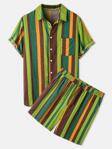 Men Thin & Breathable Cotton Outfits Sets Colorful Stripe Two Pieces Men Thin & Breathable Cotton Outfits Sets Colorful Stripe Two Pieces