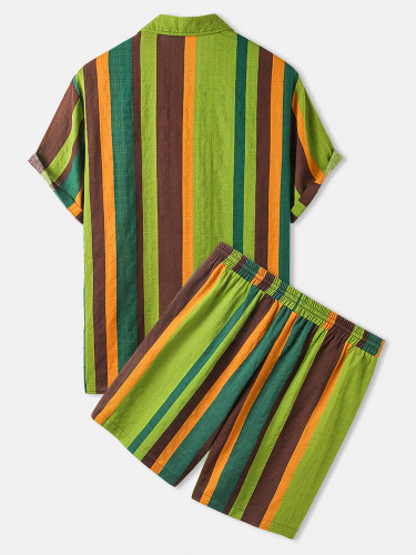 Men Thin & Breathable Cotton Outfits Sets Colorful Stripe Two Pieces Men Thin & Breathable Cotton Outfits Sets Colorful Stripe Two Pieces