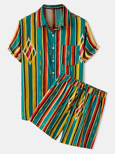 Mens Thin & Breathable Cotton Colorful Stripe Holiday Summer Two Pieces Sets Mens Thin & Breathable Cotton Colorful Stripe Holiday Summer Two Pieces Sets