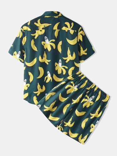 Mens Banana Printed Light Sets Short Sleeve Drawstring Shorts Two Pieces Mens Banana Printed Light Sets Short Sleeve Drawstring Shorts Two Pieces
