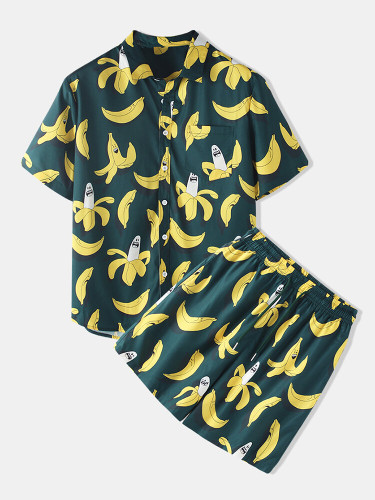 Mens Banana Printed Light Sets Short Sleeve Drawstring Shorts Two Pieces Mens Banana Printed Light Sets Short Sleeve Drawstring Shorts Two Pieces