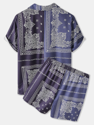 Mens Ethnic Print Patchwork Light Casual Short Sleeve Shirts Set With Pocket