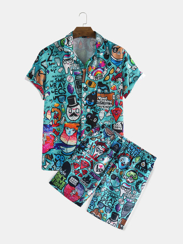 Mens Allover Funny Cartoon Print Loose Casual Two Pieces Outfits