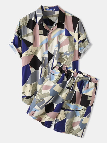 Mens Geometric Printed Sets Short Sleeve Drawstring Shorts Holiday Two Pieces Mens Geometric Printed Sets Short Sleeve Drawstring Shorts Holiday Two Pieces
