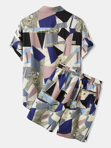 Mens Geometric Printed Sets Short Sleeve Drawstring Shorts Holiday Two Pieces Mens Geometric Printed Sets Short Sleeve Drawstring Shorts Holiday Two Pieces