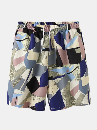 Mens Geometric Printed Sets Short Sleeve Drawstring Shorts Holiday Two Pieces Mens Geometric Printed Sets Short Sleeve Drawstring Shorts Holiday Two Pieces
