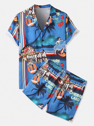 Mens Holiday Tropical Printed Revere Collar Short Sleeve Shirts Drawstring Shorts Set Mens Holiday Tropical Printed Revere Collar Short Sleeve Shirts Drawstring Shorts Set