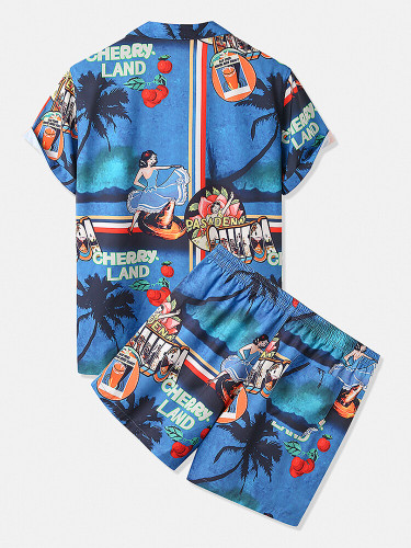 Mens Holiday Tropical Printed Revere Collar Short Sleeve Shirts Drawstring Shorts Set Mens Holiday Tropical Printed Revere Collar Short Sleeve Shirts Drawstring Shorts Set