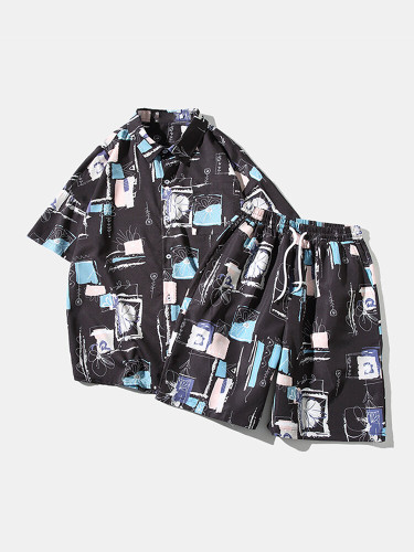 Mens Printed Hawaii Loose Sets Short Sleeve Drawstring Shorts Holiday Two Pieces Mens Printed Hawaii Loose Sets Short Sleeve Drawstring Shorts Holiday Two Pieces