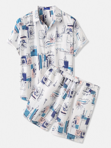 Mens Printed Hawaii Loose Sets Short Sleeve Drawstring Shorts Holiday Two Pieces Mens Printed Hawaii Loose Sets Short Sleeve Drawstring Shorts Holiday Two Pieces