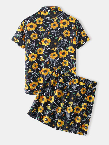 Mens Floral Print Casual Light Lapel Collar Drawstring Waist Suits Mens Floral Print Casual Light Lapel Collar Drawstring Waist Suits