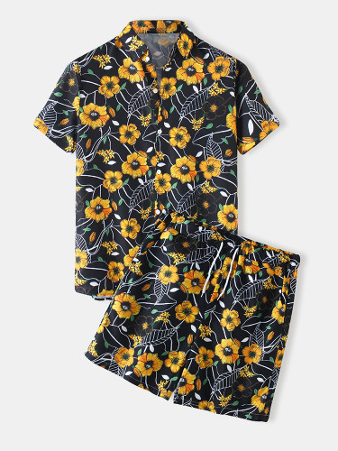 Mens Floral Print Casual Light Lapel Collar Drawstring Waist Suits Mens Floral Print Casual Light Lapel Collar Drawstring Waist Suits