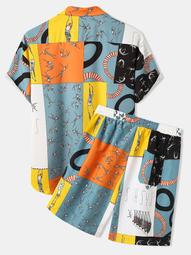 Mens Mixed Pattern Print Breathable Loose Drawstring Waist Two Pieces Mens Mixed Pattern Print Breathable Loose Drawstring Waist Two Pieces