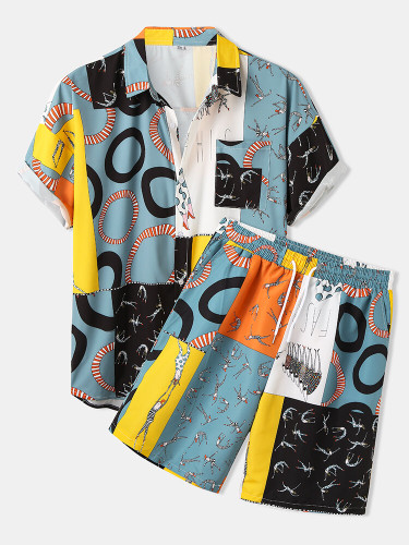 Mens Mixed Pattern Print Breathable Loose Drawstring Waist Two Pieces Mens Mixed Pattern Print Breathable Loose Drawstring Waist Two Pieces