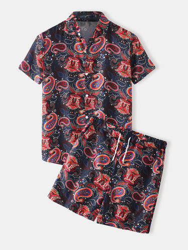 Mens Ethnic Paisley Print Casual Light Loose Lapel Collar Two Pieces Outfits Mens Ethnic Paisley Print Casual Light Loose Lapel Collar Two Pieces Outfits