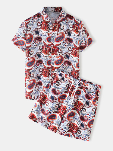 Mens Ethnic Paisley Print Casual Light Loose Lapel Collar Two Pieces Outfits Mens Ethnic Paisley Print Casual Light Loose Lapel Collar Two Pieces Outfits