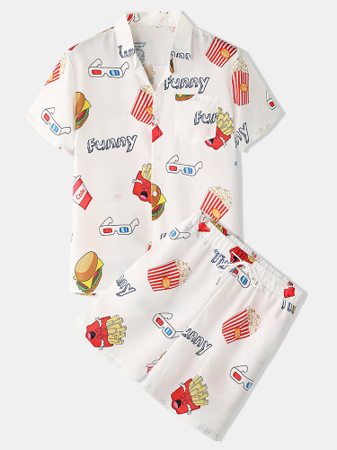 Men Funny Print Hamburger Loungewear Sets Two Pieces Lapel Collar Short Sleeve Thin Summer Pajamas Men Funny Print Hamburger Loungewear Sets Two Pieces Lapel Collar Short Sleeve Thin Summer Pajamas