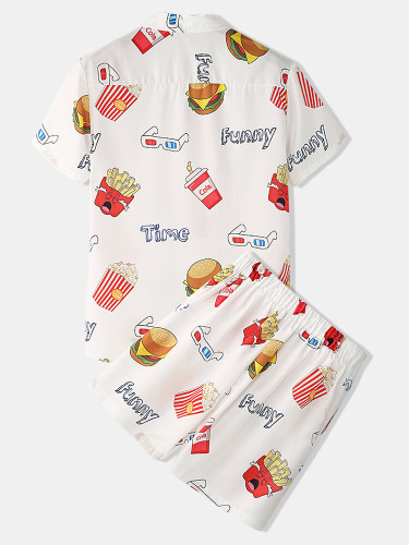 Men Funny Print Hamburger Loungewear Sets Two Pieces Lapel Collar Short Sleeve Thin Summer Pajamas Men Funny Print Hamburger Loungewear Sets Two Pieces Lapel Collar Short Sleeve Thin Summer Pajamas