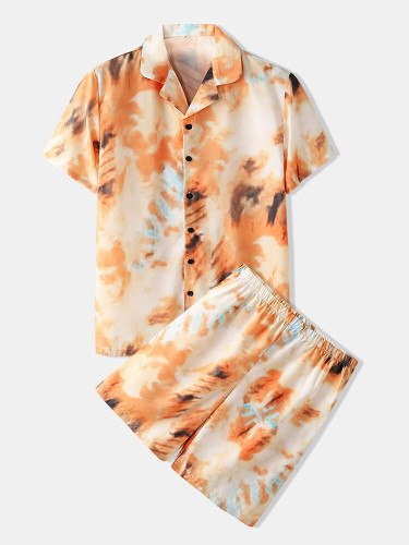 Men Summer Thin Tie Dye Short Sleeve Pajamas Sets Zipper Up Breathable Cozy Loungewears Men Summer Thin Tie Dye Short Sleeve Pajamas Sets Zipper Up Breathable Cozy Loungewears