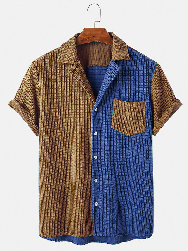 Mens Corduroy Designed Patchwork Chest Pocket Casual Shirt