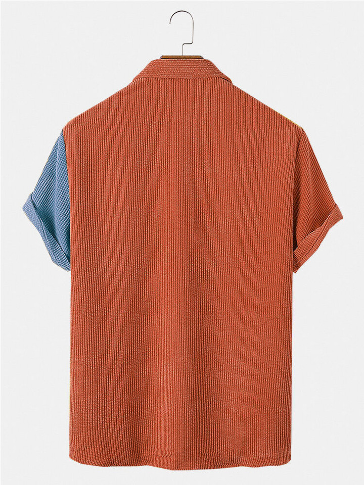 Mens Designer Corduroy Patchwork Pocket Breathable Casual Shirts