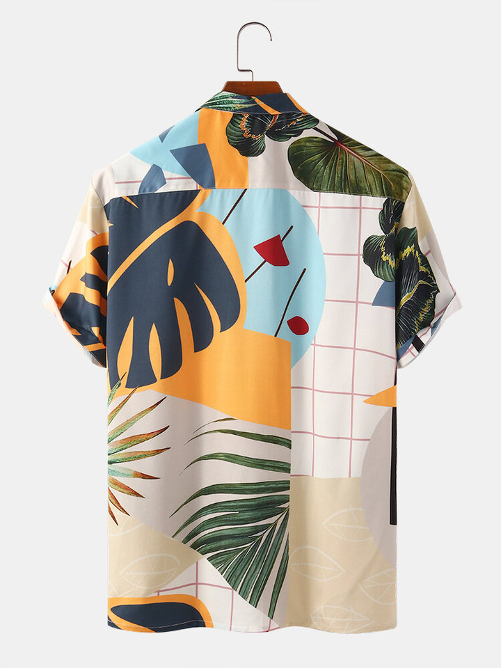 Men Abstract Leaf Print Beach Casual Lapel Shirt Men Abstract Leaf Print Beach Casual Lapel Shirt